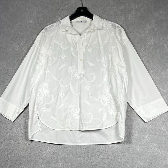 Whyci YC Milano Embroidered Top Sz 42 or Small White 3/4 Sleeve Made In Italy - Picture 1 of 14